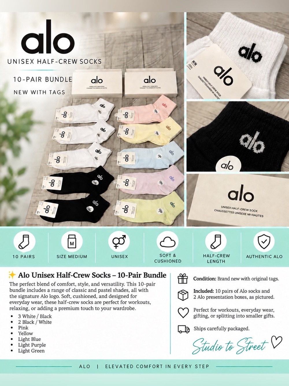 (M) Alo Yoga Unisex Half-Crew Socks Lot of 10 Pairs Multicolor